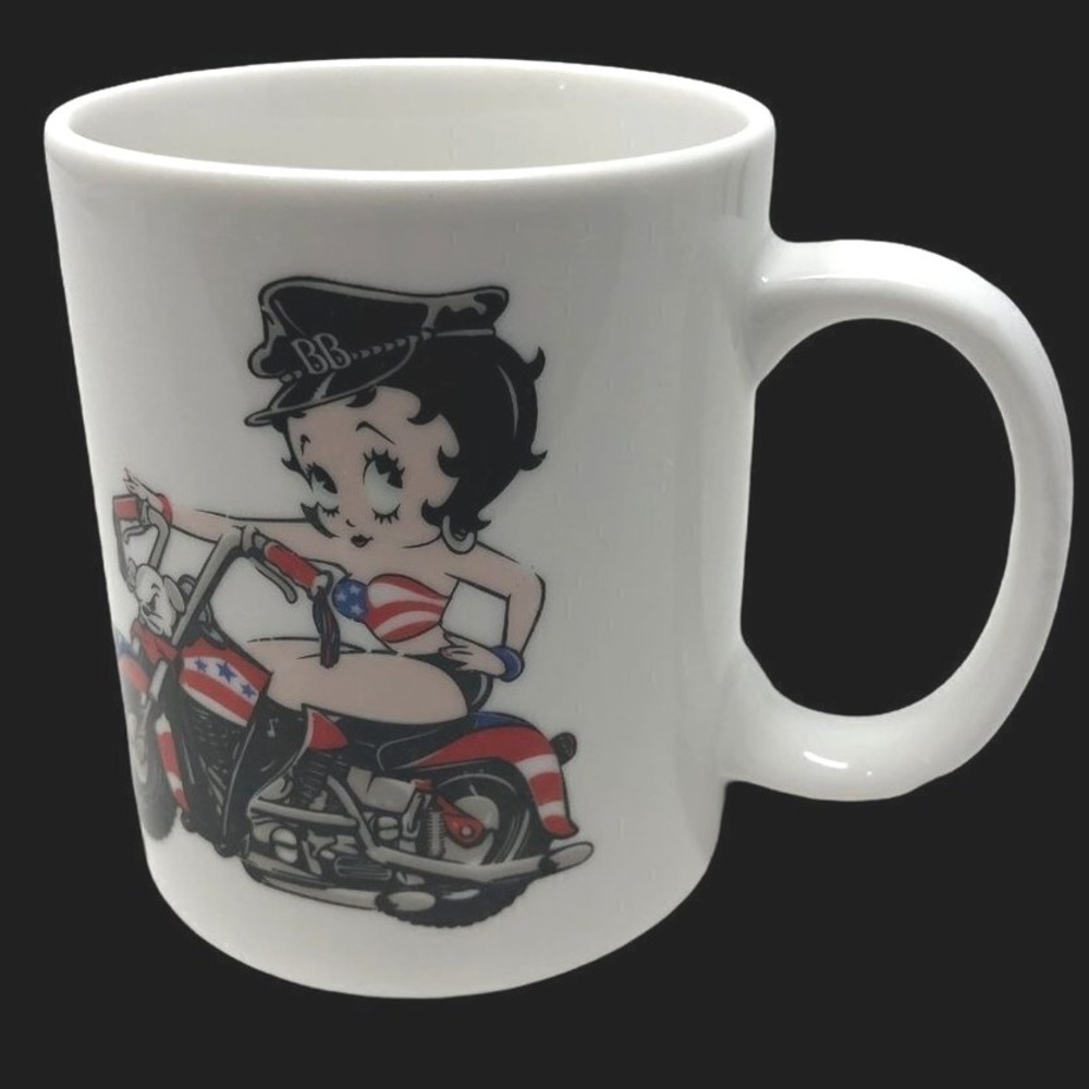 Betty Boop Coffee Mug Motorcycle Bike White Ceramic Red White Blue Cup Patriotic
